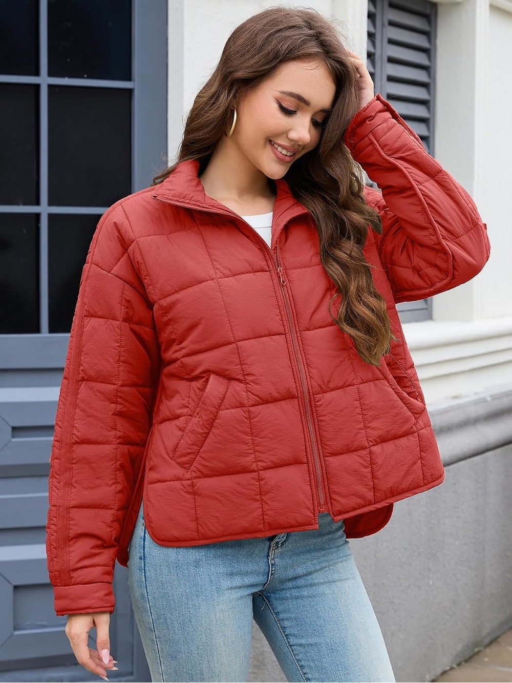 Women's Red Quilted Zip-Up Puffer Jacket